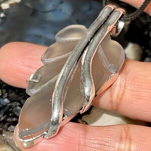 Carved Translucent Chalcedony Leaf Pendant 2 1/4”